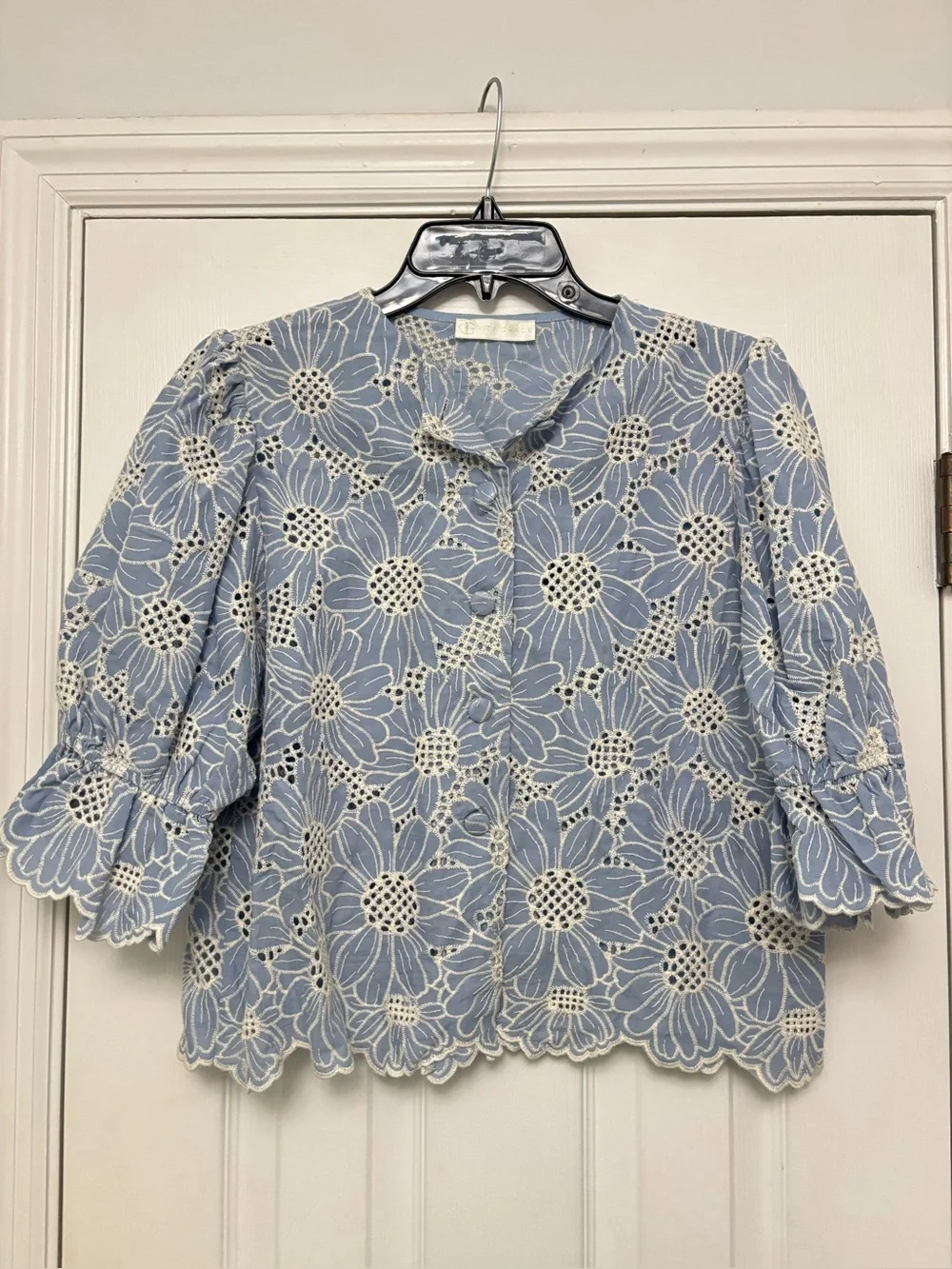 Vita Grace Blue Floral Embroidered Eyelet Cotton Puff Sleeve Blouse Top Size L - Picture 3 of 7